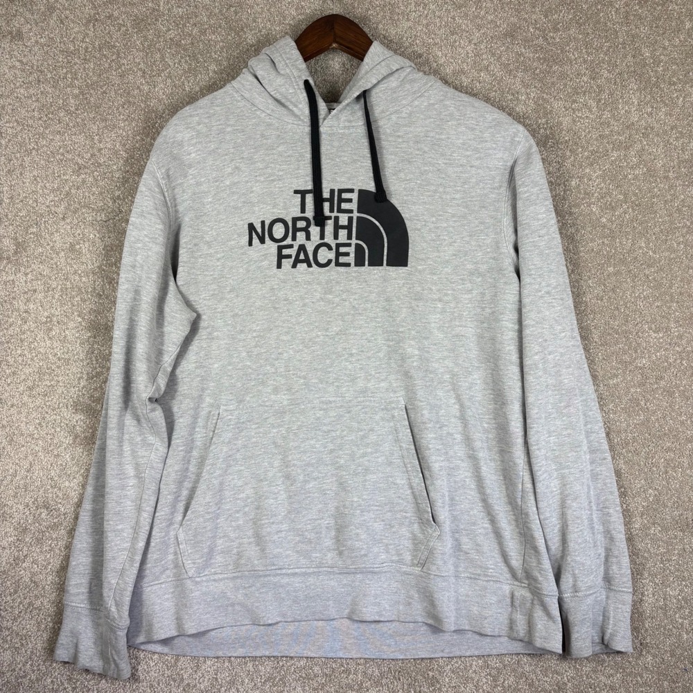 The North Face Mens XL Grey Heather Pullover Hoodie Black Logo Fleece Regular